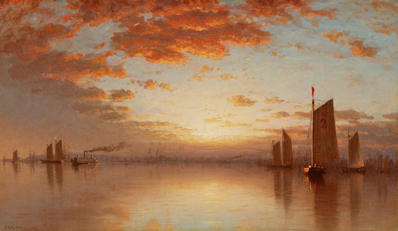 Sunset Over New York Bay de Sanford Robinson Gifford, pintura a óleo que retrata uma baía tranquila com veleiros.