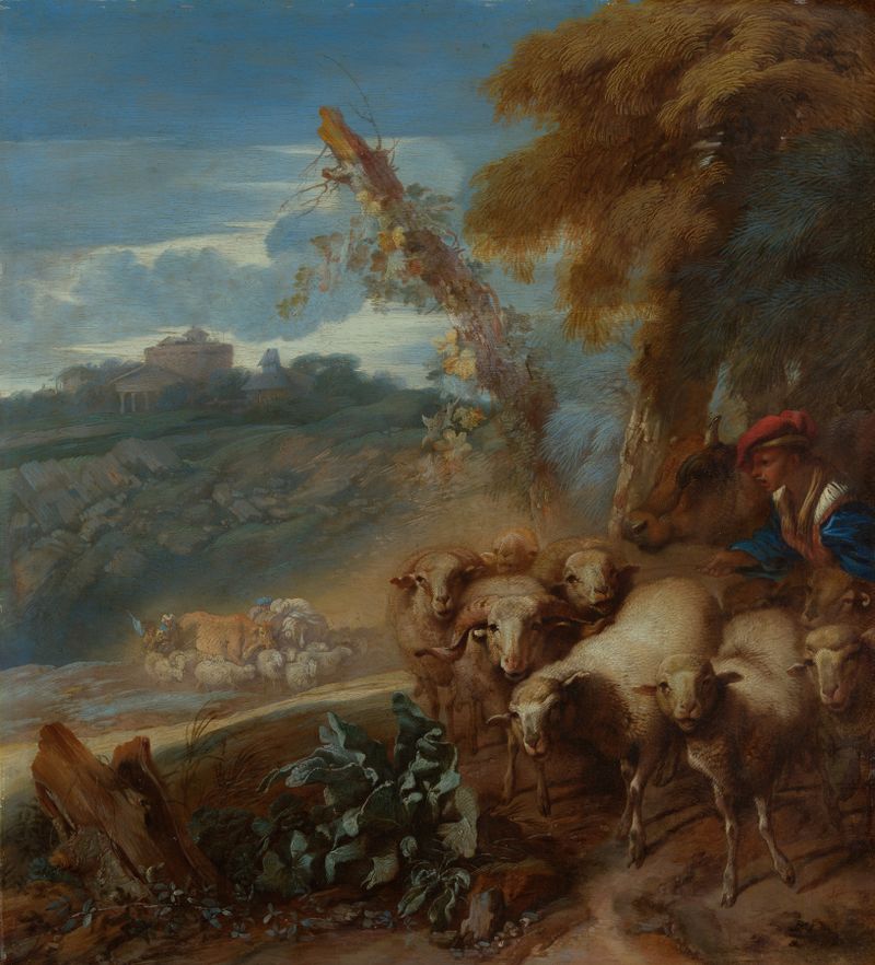 Roman landscape with a shepherd and sheep, oil on canvas by Giovanni Benedetto Castiglione