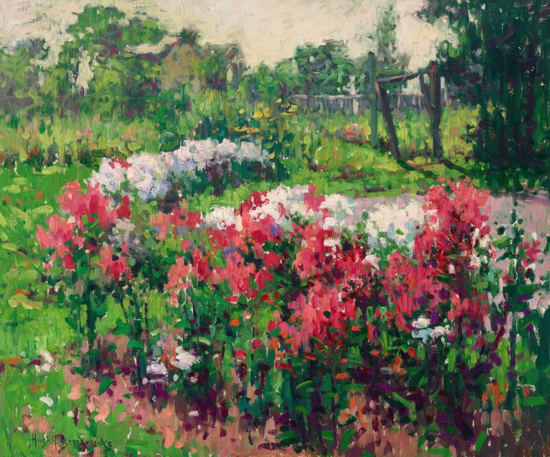 Vibrant garden scene with flowers and a figure, oil on canvas by Hugh Henry Breckenridge