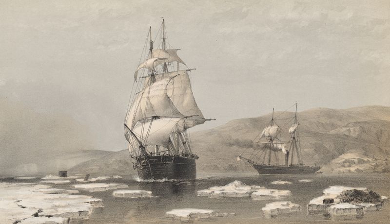 H.M.S. Assistance and Pioneer breaking out of Winter Quarters, oil on canvas by Walter William May