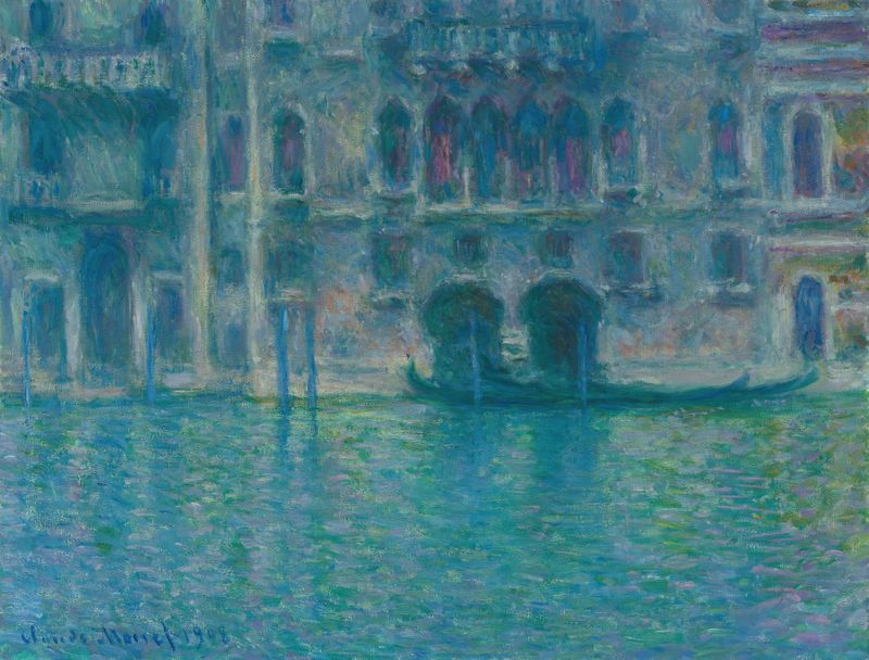 Palazzo da Mula, pintura a óleo de Claude Monet representando um palácio veneziano com luz e sombra intrincadas.
