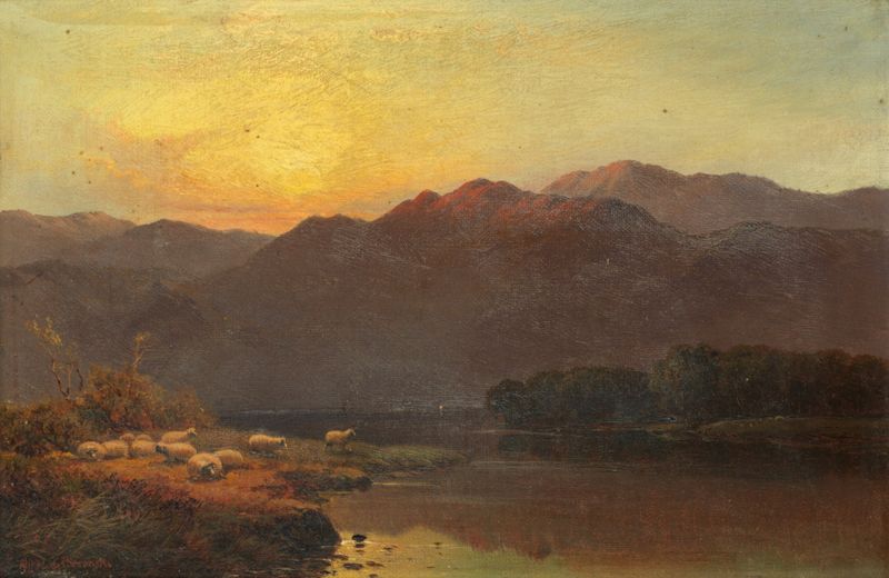 Summer’s evening, Llyn Gwynant de Alfred de Bréanski, pintura al óleo que muestra un lago tranquilo al atardecer.