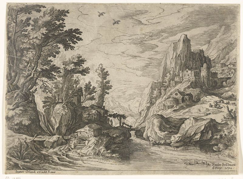 Etching by Paul Bril depicting a landscape with emerald hills, a city on a rocky outcrop, and sunlight.