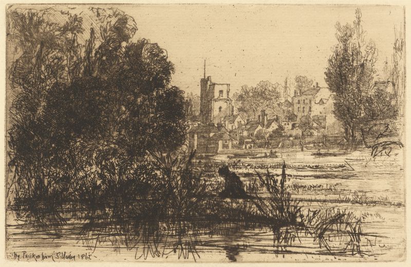 Grabado de By Twickenham de Francis Seymour Haden, con un río y árboles con luz filtrada.