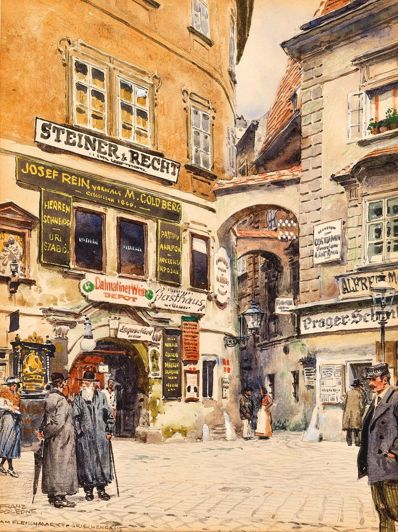 Genre scene depicting a bustling market in Vienna by Franz Poledne, oil on canvas