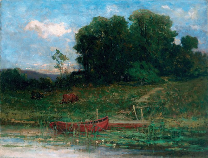 The Farm Landing de Edward Mitchell Bannister, óleo sobre lienzo que muestra campos dorados y luz solar.