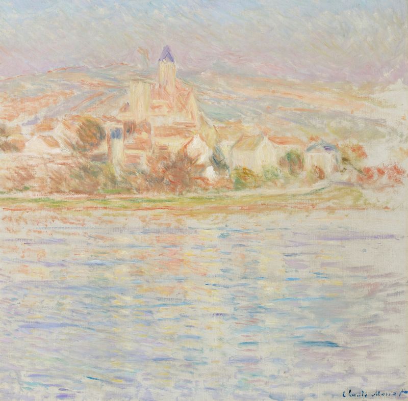 Vétheuil de Claude Monet, pintura a óleo que retrata um rio tranquilo ao amanhecer.
