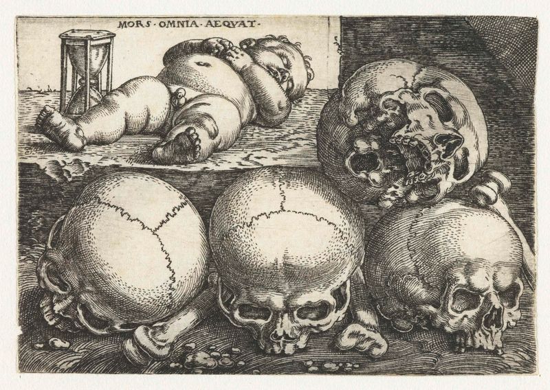 Engraving by Barthel Beham of a sleeping child with a sand timer and four skulls.