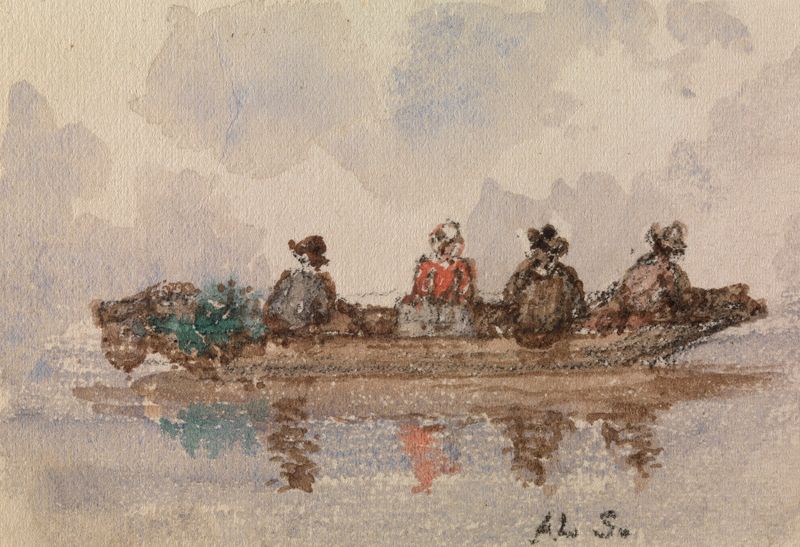 Boat Trip by Alexander Schaepkens, oil on canvas depicting a tranquil river at twilight.