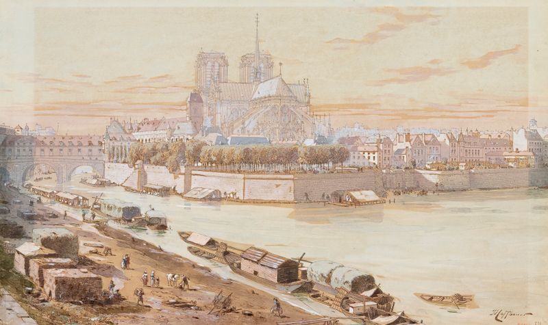 Notre-Dame et l’Evêché en 1750 by Fédor Hoffbauer, oil painting