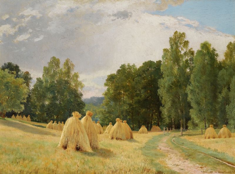 Haystacks, Preobrazhenskoe by Ivan Ivanovich Shishkin, oil on canvas depicting golden haystacks in a tranquil landscape.