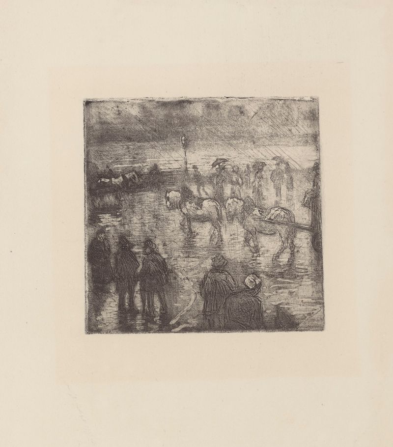 Effet de pluie, Place de la République, Rouen de Camille Pissarro, pintura a óleo de uma cena de cidade chuvosa.