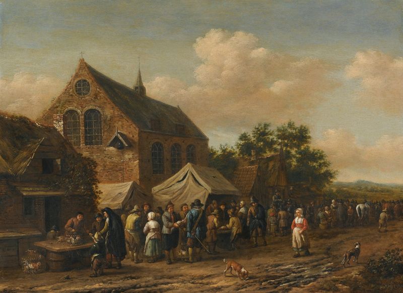 A Village Market Beside A Church, oil on canvas by Barent Gael, depicting a vibrant village scene.