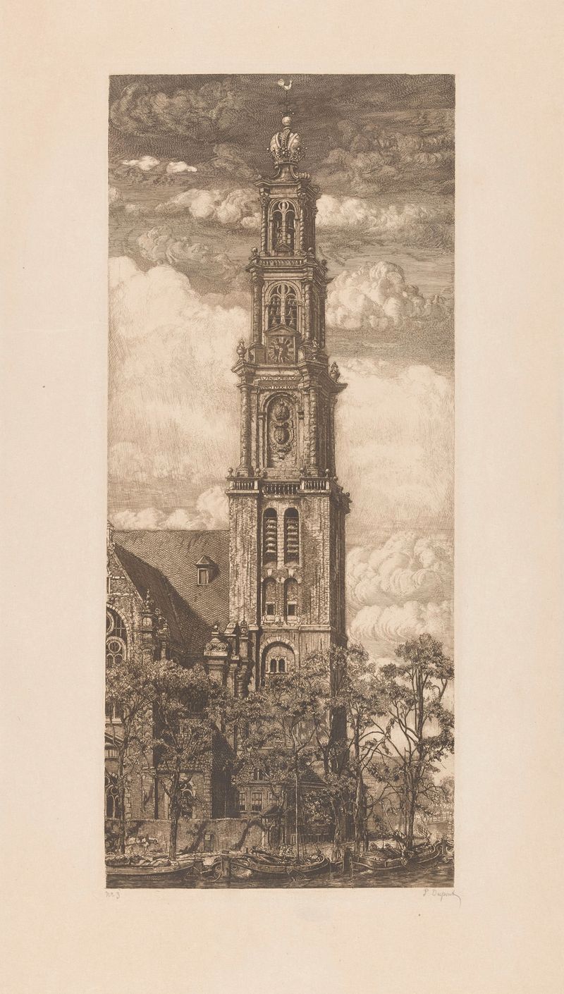 Westertoren in Amsterdam by Pieter Dupont, oil on canvas depicting a clock tower in a tranquil cityscape