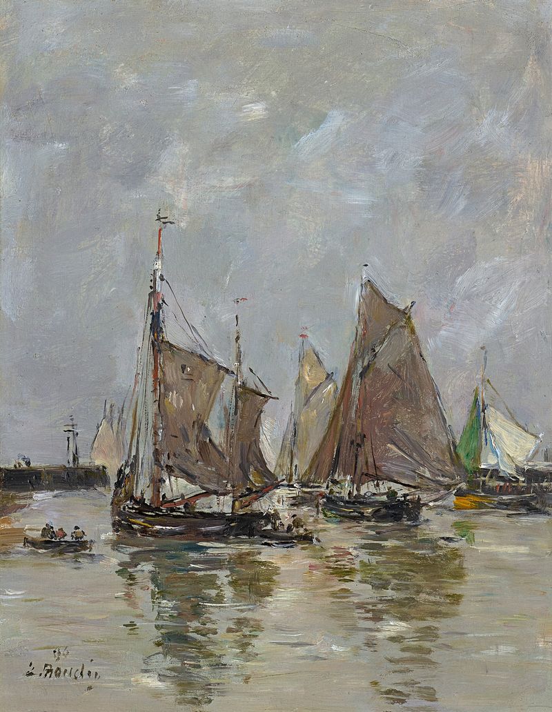 Escena marina con pescadores al amanecer, óleo sobre lienzo de Eugène Boudin