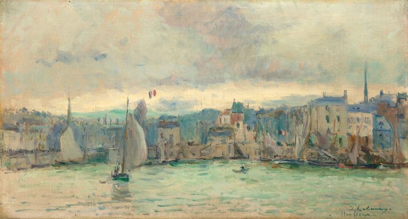 Oil painting of Honfleur by Albert Lebourg, featuring swirling clouds and tranquil waters.