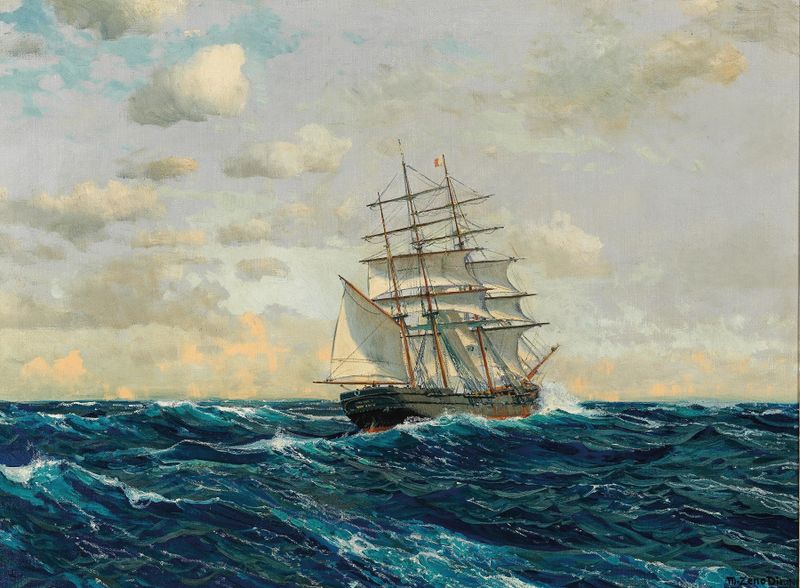 Three-Master on the High Seas by Michael Zeno Diemer, oil on canvas depicting a ship with billowing sails.