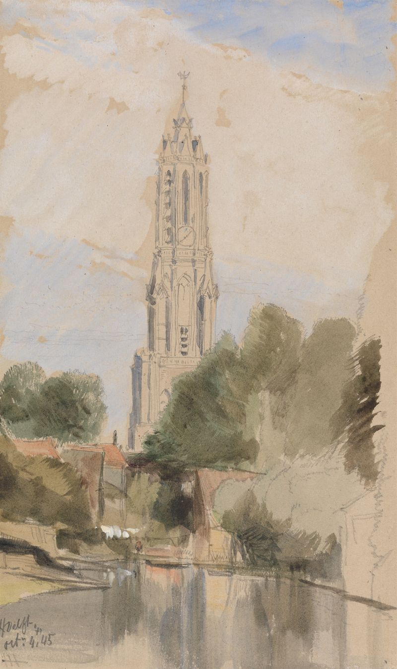 Delft by James Holland, depicting a tranquil canal landscape in oil painting.