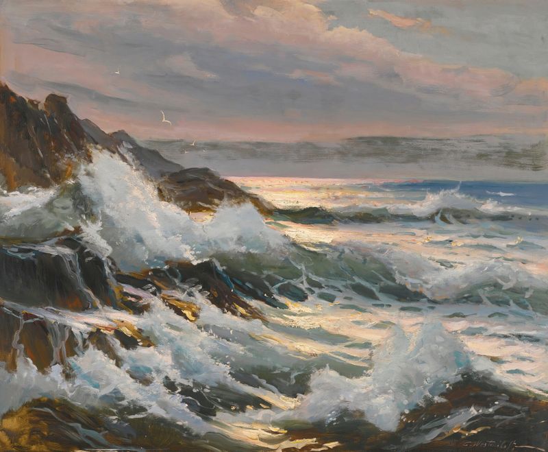 Seascape by Constantin Westchiloff, oil on canvas depicting waves and horizon.