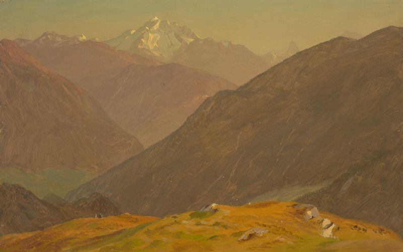 The Goell, near Berchtesgaden, óleo sobre tela de Frederic Edwin Church, apresentando um lago sereno e montanhas.
