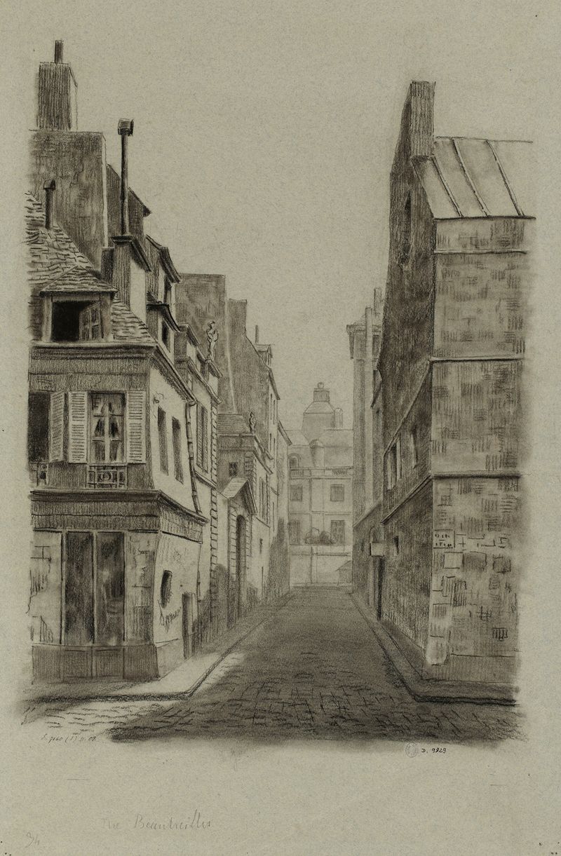 Paisagem urbana óleo de Robert Frémont mostrando Rue Beautreillis com rua de paralelepípedos e luz quente.