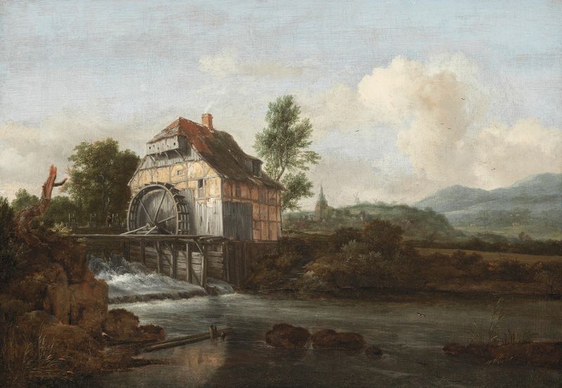 Paisaje con un Molino de Agua de Jacob van Ruisdael, pintura al óleo que muestra un molino y un río.