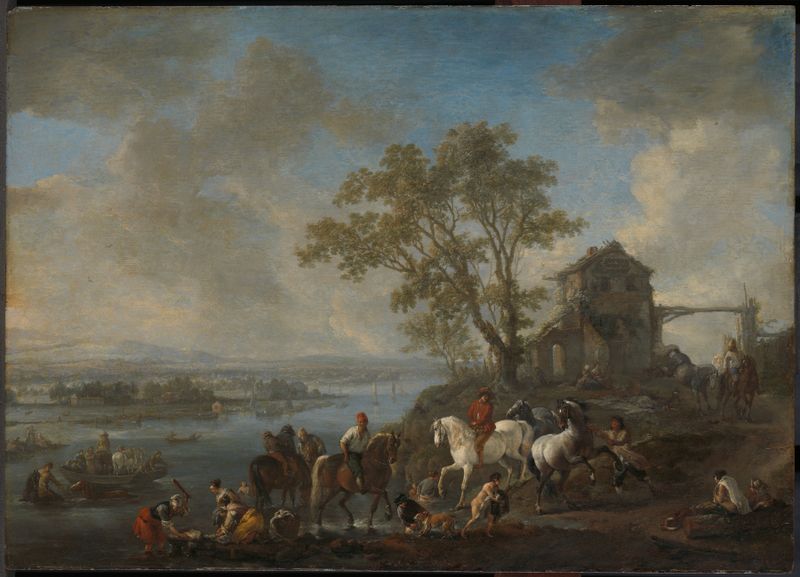 Horsepond on a River by Philips Wouwerman, oil painting depicting a tranquil landscape with a river and horses.