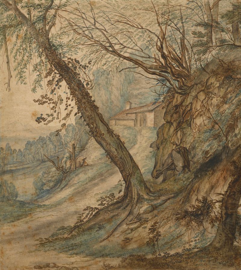 Uma paisagem arborizada com um caminho levando a uma casa, óleo sobre tela de Lucas Achtschellinck.