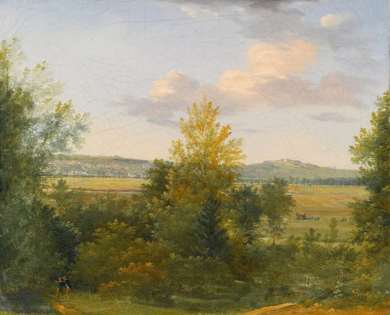 Pastoral landscape with two travellers, oil on canvas by Achille Etna Michallon