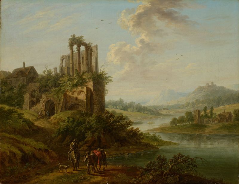 Paisaje con Ruina de Templo, óleo de Christian Georg Schütz el mayor, con columnas en ruinas y naturaleza.