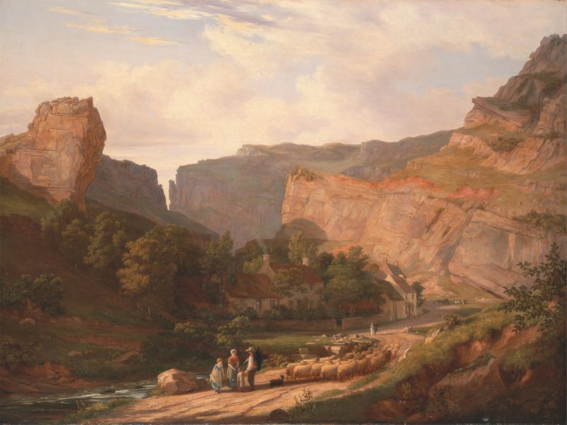 A View of Cheddar Gorge, oil on canvas by George Vincent, depicting rugged cliffs under a cerulean sky.