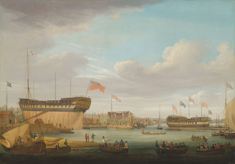 Día de lanzamiento en el East India Dock, escena marina de John Lynn, óleo sobre lienzo