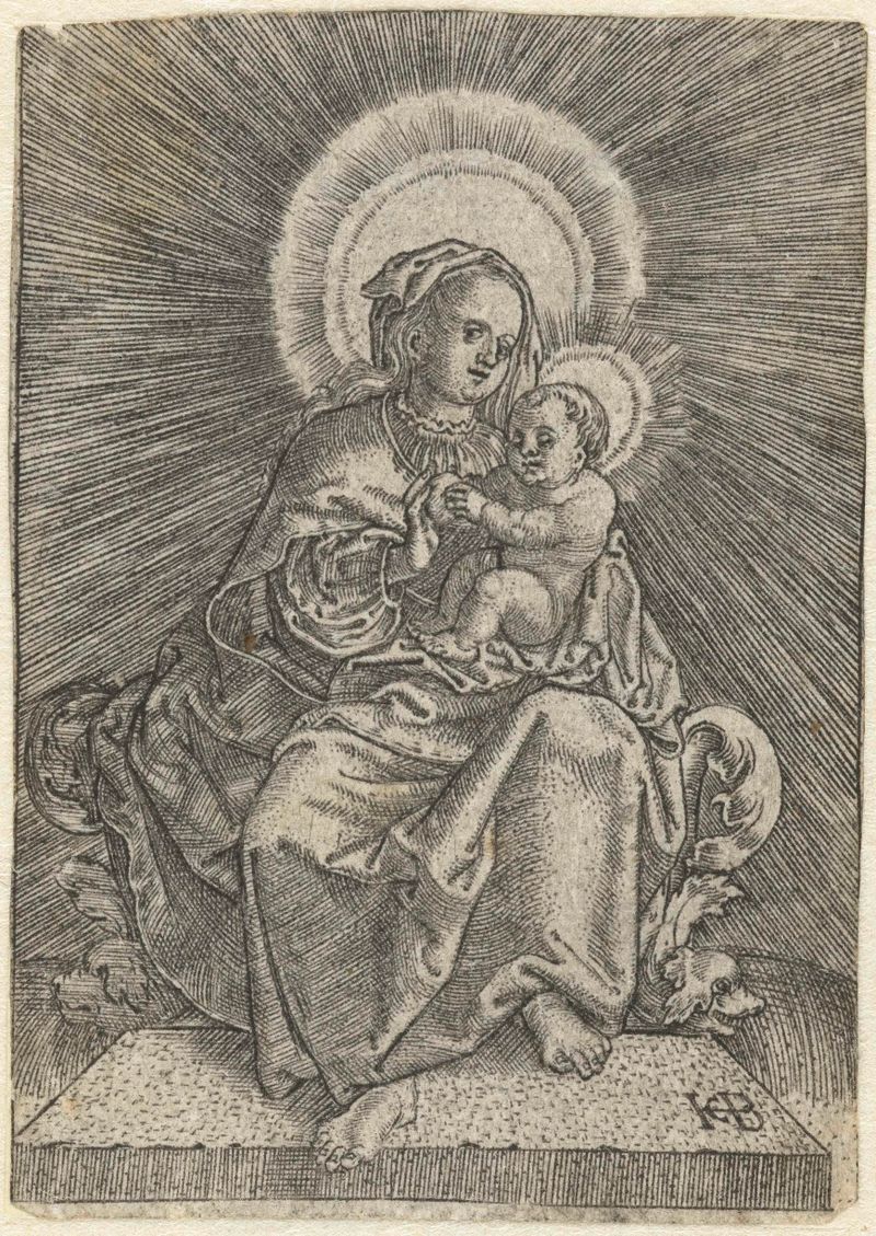 Engraving by Jacob Binck depicting Mary with child and halo, radiating light