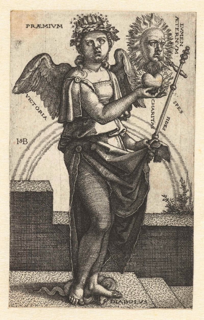 Allegorie op het Christendom gravura de Hans Sebald Beham com um crucifixo e figuras simbólicas