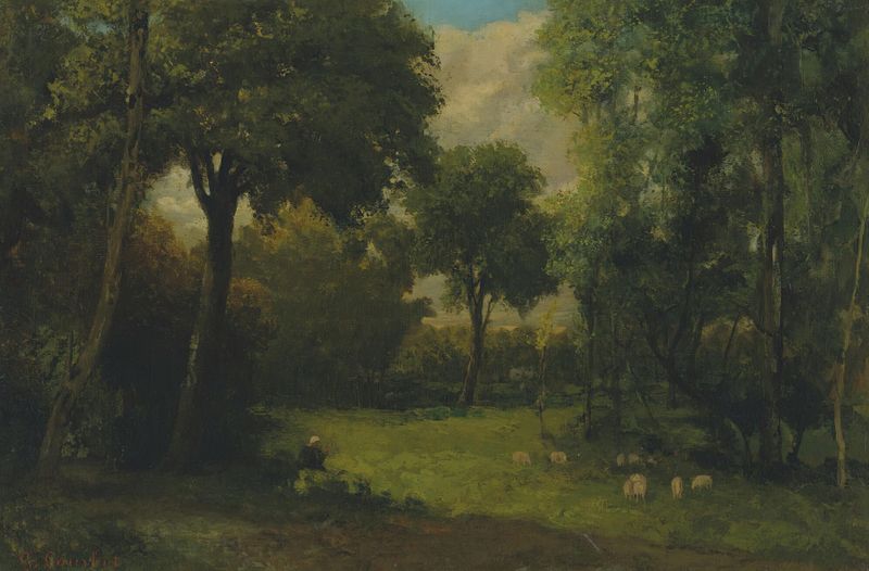 Pintura a óleo de Gustave Courbet retratando uma floresta com luz do sol filtrando através das árvores e flores coloridas.