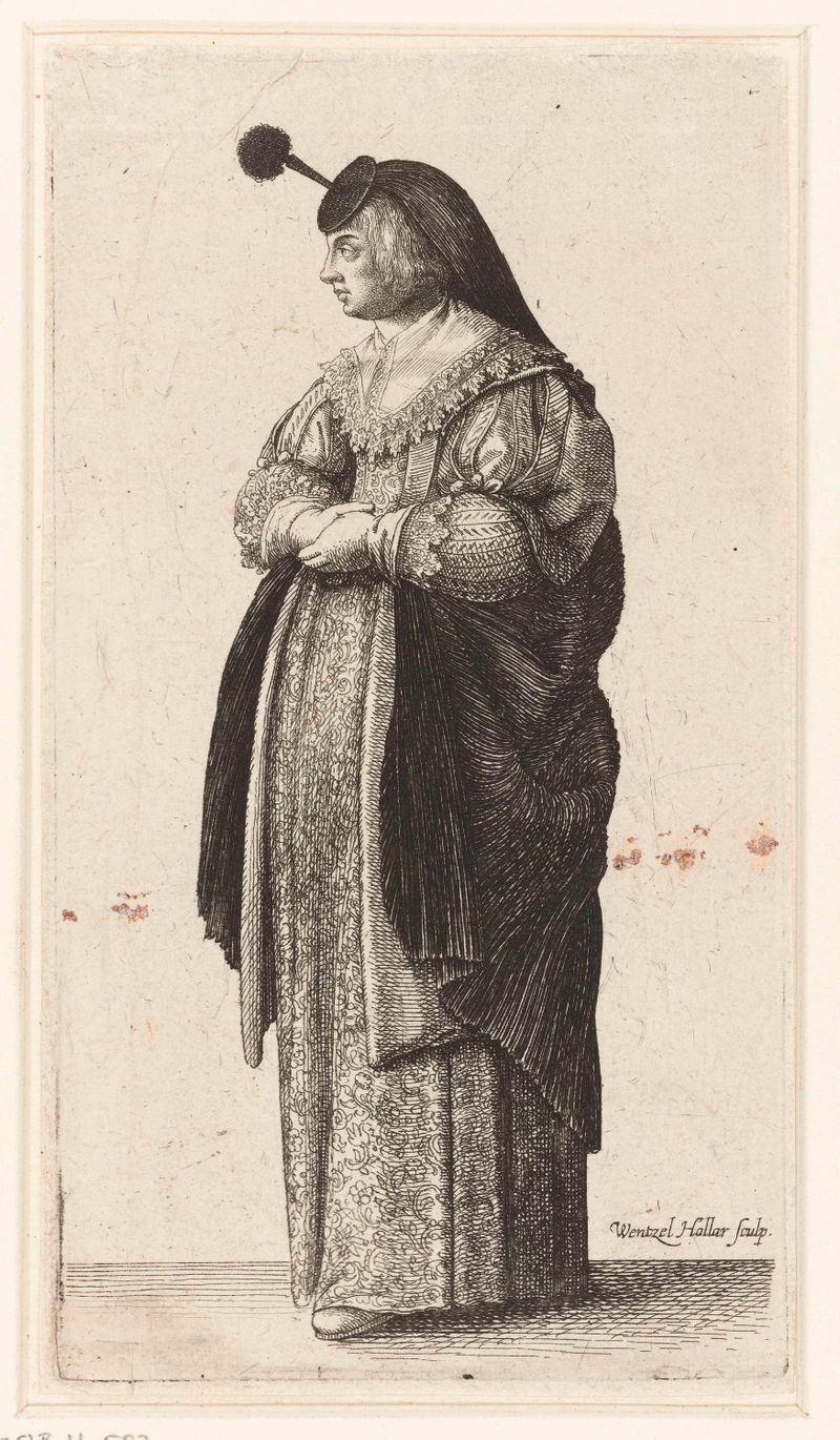 Retrato de uma mulher segurando uma houpette, gravura de Wenceslaus Hollar