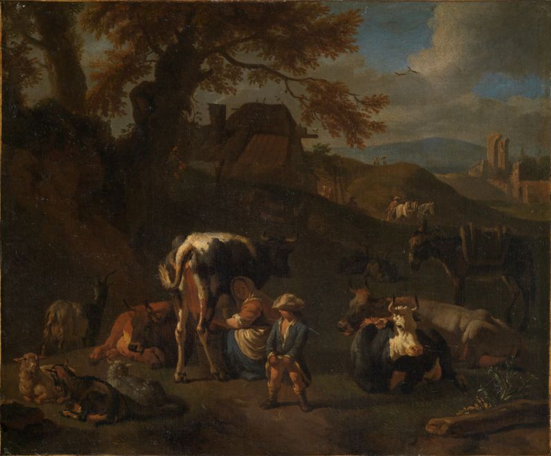 Hirtenszene by Pieter van Bloemen, depicting a shepherd and scattered sheep in a landscape, oil painting