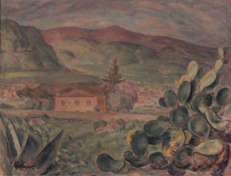 Paisagem do sul da França por Leo Kober, óleo sobre tela retratando a natureza serena.