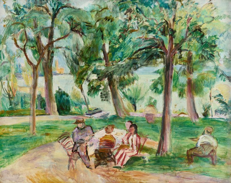 Cena botânica representando um jardim com flores de Rudolf Grossmann, pintura a óleo
