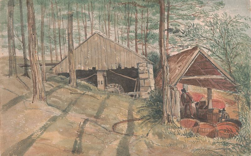 Watercolour by George Cumberland depicting a tin washing mill in a landscape with clouds