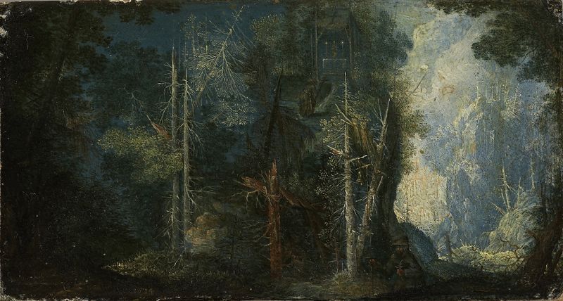 Paisagem florestal com eremitério, pintura a óleo de Pieter Stevens
