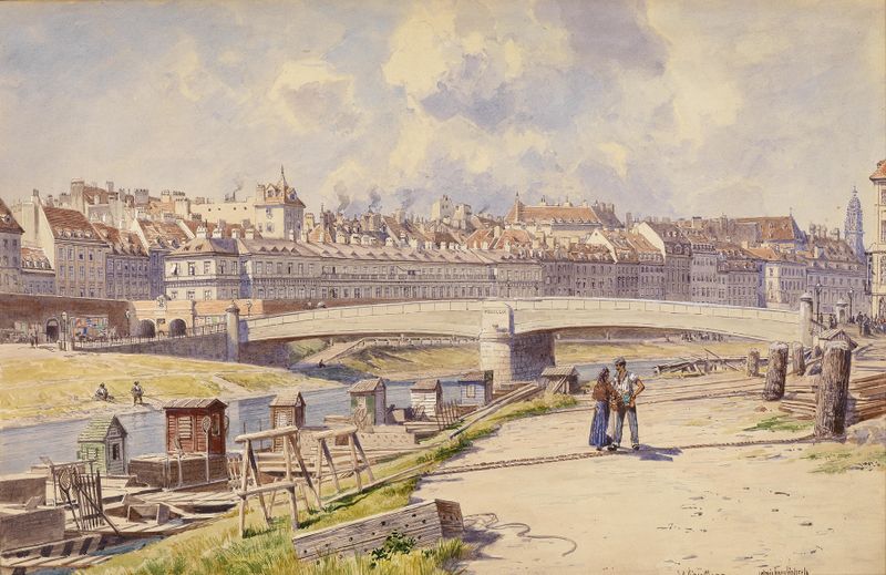 Fischerboote am Donaukanal Wien by Ludwig Hans Fischer, oil painting depicting boats on a river