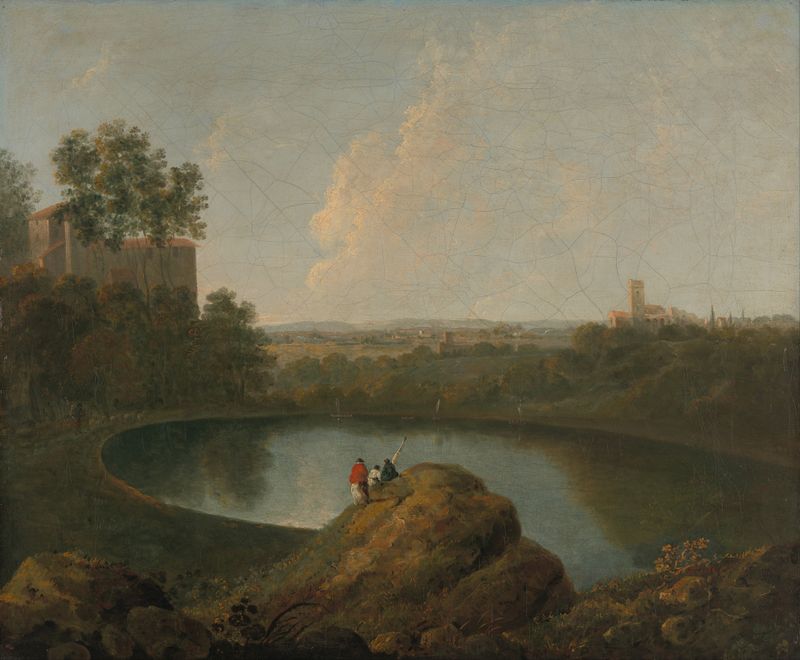 The Head of Lake Nemi by Richard Wilson, oil painting depicting a serene lake with trees and reflections.
