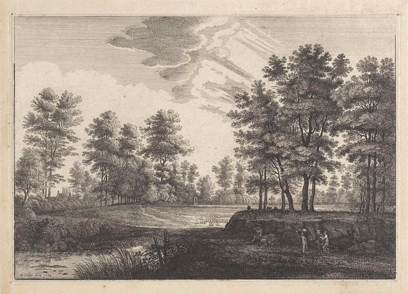 Landschap met figuren en een kudde schapen, gravura de Wenceslaus Hollar mostrando figuras e ovelhas em uma paisagem.