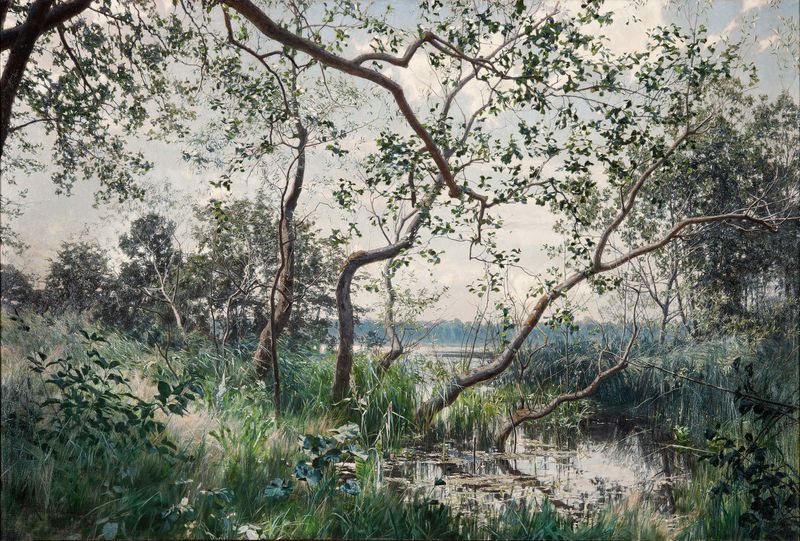 Water Vegetation by Johan Krouthén, oil on canvas depicting tranquil water and lush greenery.