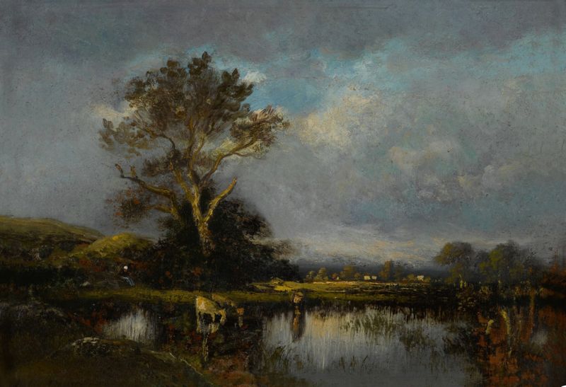 Landscape with Pond and Tree, oil on canvas by Jules Dupré, depicting a tranquil pond and trees.