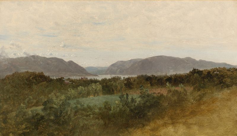 Hudson River pintura a óleo de John Frederick Kensett retratando um rio e montanhas