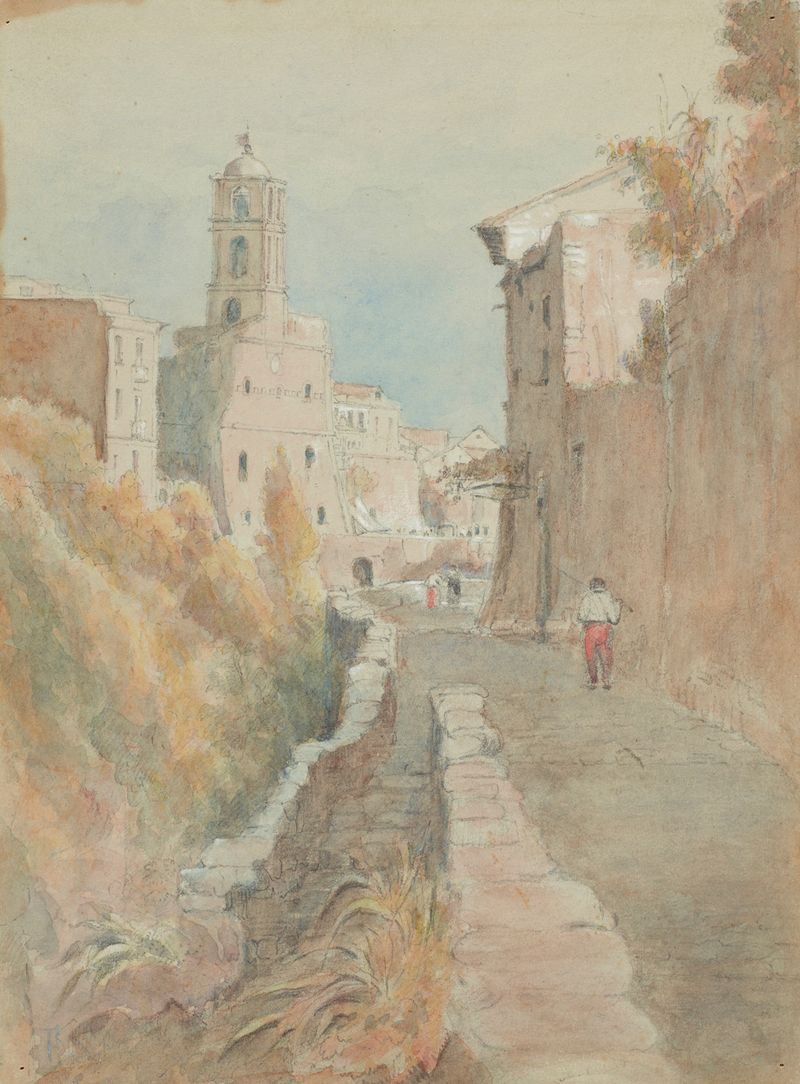 Genre scene depicting a Spanish street with figures and terracotta buildings by Frances Hodgkins, oil painting.