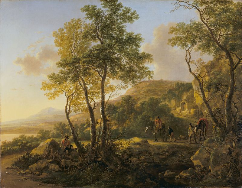 Italian Landscape by Jan Both, oil painting depicting lush greenery and hills.