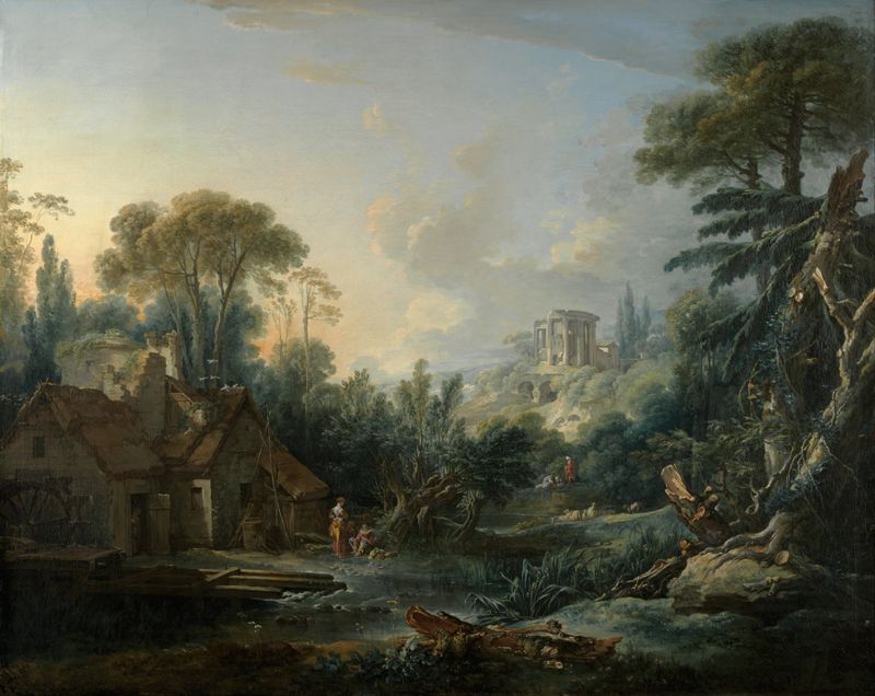 Landscape with a Water Mill, oil on canvas by François Boucher, depicting a serene river scene.